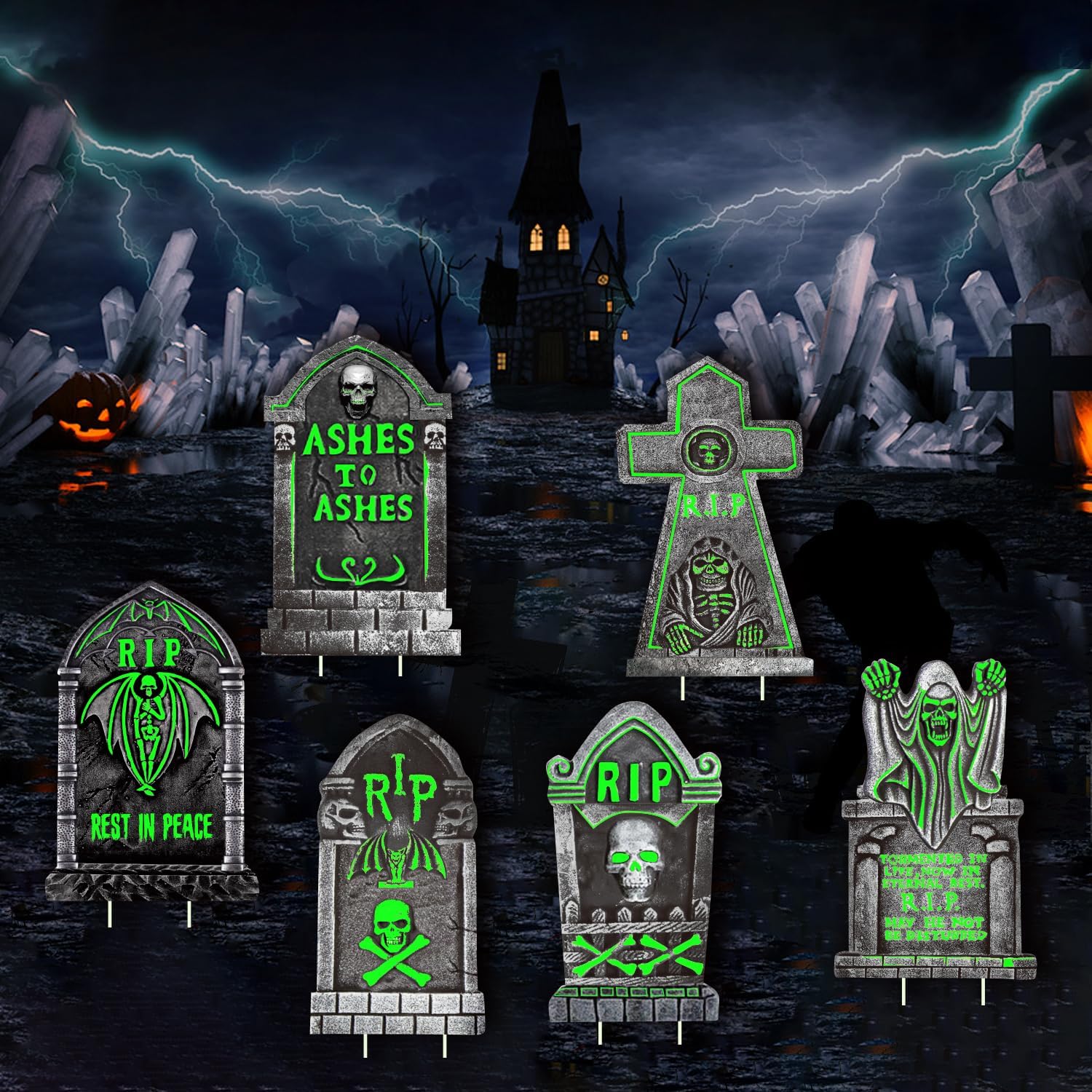 Yard Signs - Halloween Decorations Outdoor Tombstone Yard Sign with Stakes - Glow in the Dark - 6PCS Graveyard Tombstones Halloween Props for Family Home Front Yard Lawn Garden Halloween Party Decor