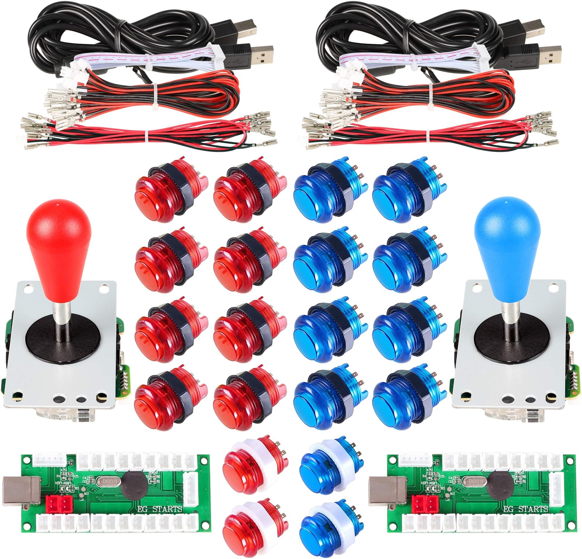 Avsiri 2 Player LED Arcade DIY Parts 2X USB Encoder + 2X Ellipse Oval Style Joystick + 20x LED Arcade Buttons for PC MAME Raspberry Pi Windows (Red & Blue Kit)