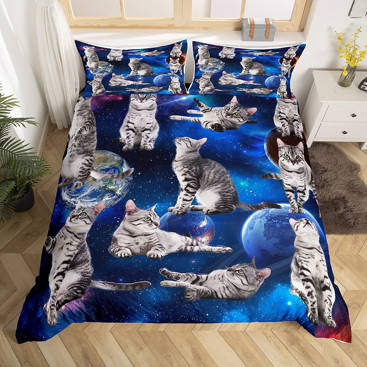 Cute Cat Duvet Cover Galaxy Cats Bedding Set for Kids Boys Girls 3D Animal Outer Space Bedspread Feline Animal Grey Blue Bedding & Linen 3Pcs King — image 1