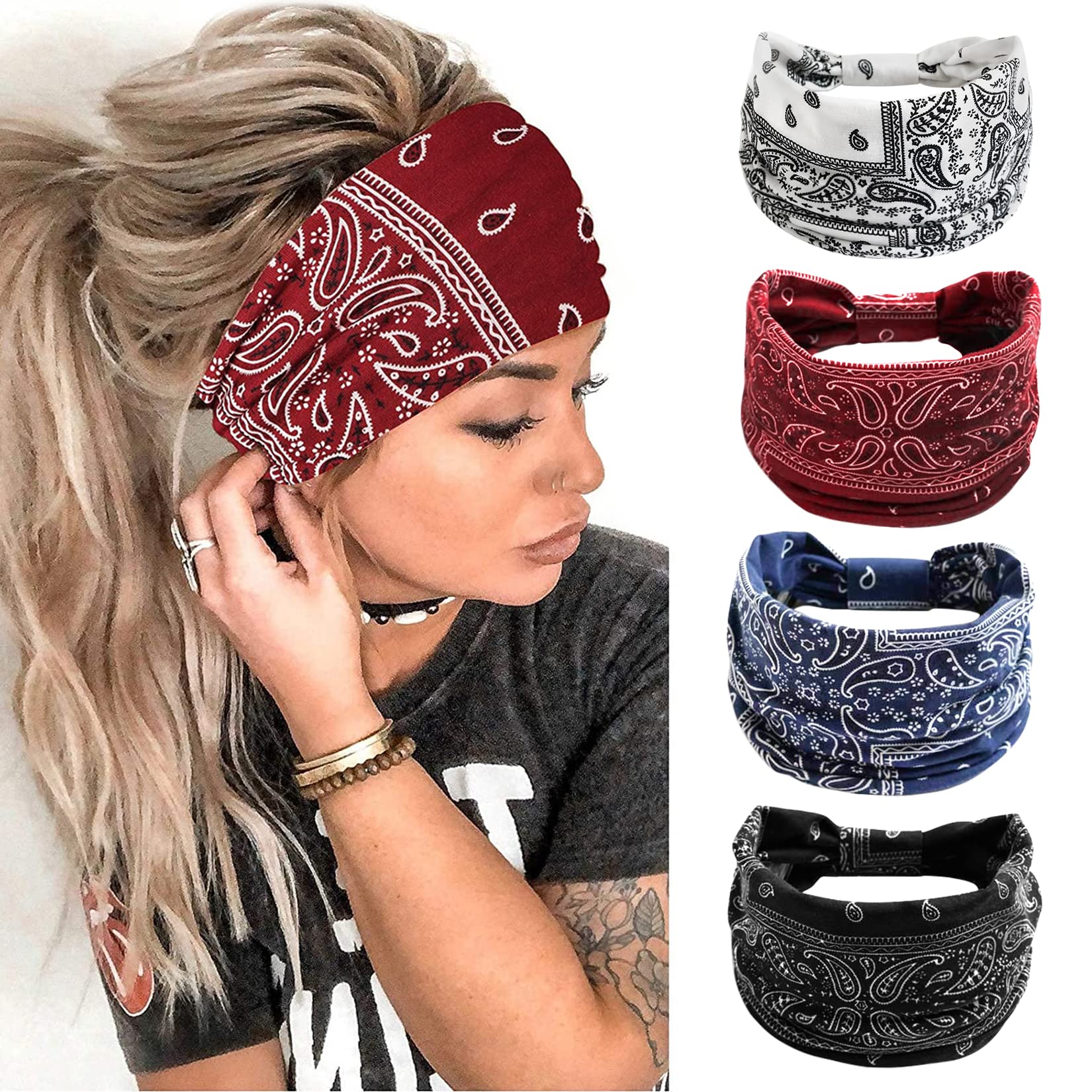 4 Packs Headbands Women Wide Hair Band for Girls Boho Flower Elastic Running Yoga Head Wraps