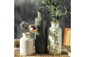 OOIT Vintage Vase Set of 3, Ceramic Vintage Flower Vases, Chinoiserie Decorative Home Decor Retro Floral Vase Rustic Farmhouse Decor for Table Bookshelf Mantel Kitchen Living Room Office - Green and Beige