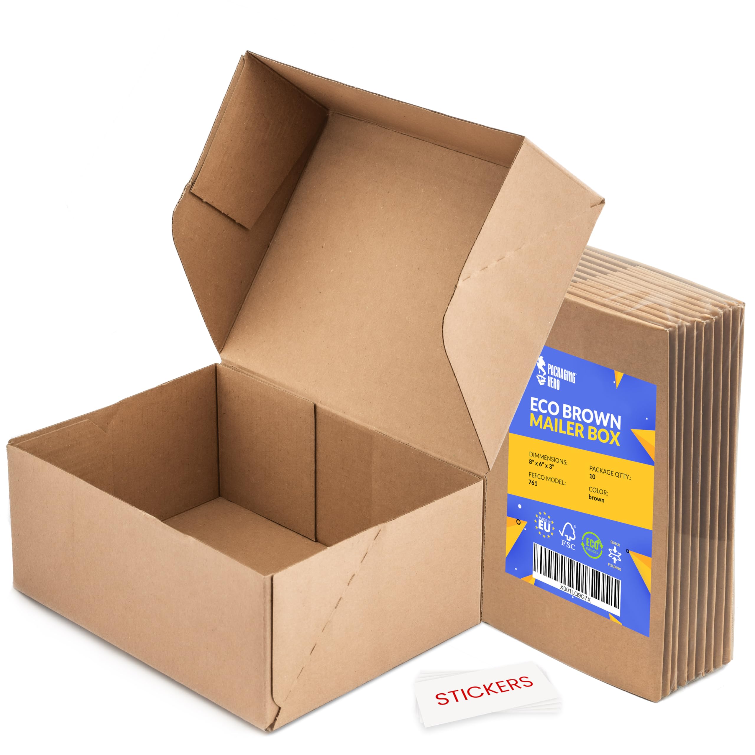 Packaging Hero 10" x 8" x 4" Corrugated Cardboard Mailing Boxes, shipping boxes, gift boxes, e-commerce boxes with free clear round stickers (Pack of 10)