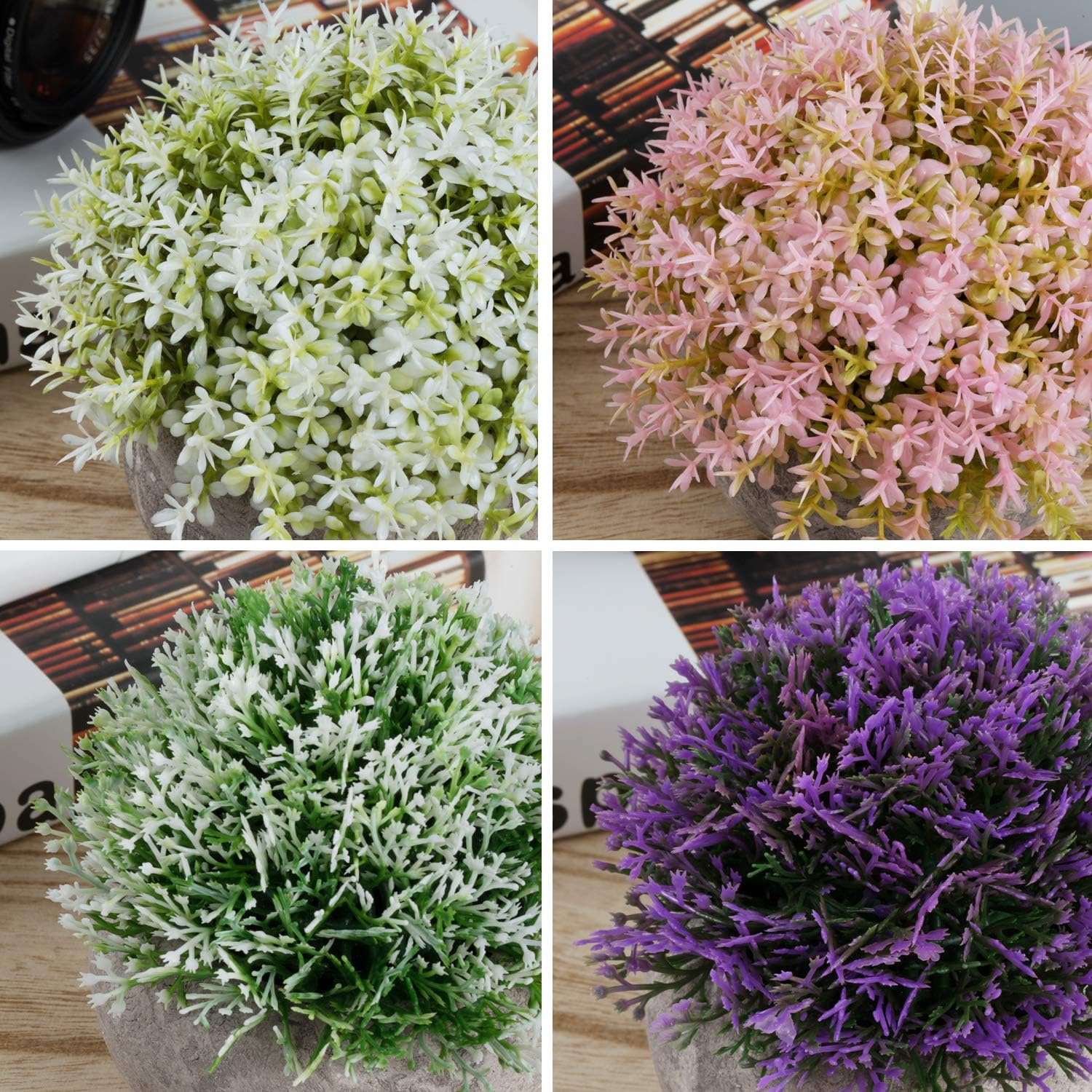MoonLa Artificial Plants Potted Faux Fake Mini Plant Colorful Flower Topiary Shrubs in Gray Pot for Bathroom Home House Decor (Set of 4) -