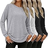 Oakgarden 4 Pack Women's Long Sleeve Sweatshirts, Crew Neck Cotton Tees Curved Hem Tunic Pullover Shirts Knit Loose Tops