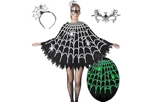 SNIRCZS Spider Web Poncho for Women, Glow in the Dark Halloween Dress Cosplay Costume with Headband and Mask Outfit