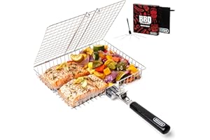 SHIZZO Grill Basket Set, Barbecue BBQ Grilling, Stainless Steel Folding Portable Outdoor Camping Rack for Fish, Shrimp, Vegetables, Cooking Accessories, Gifts for Dad, husband, Friends