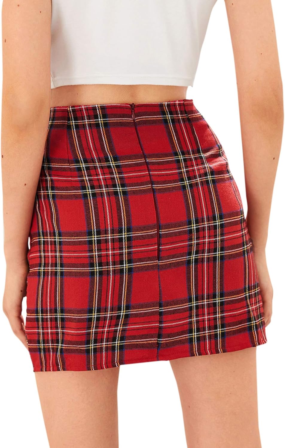 WDIRARA Women's Basic High Waist Bodycon Mini Plaid Uniform Skirt: Clothing