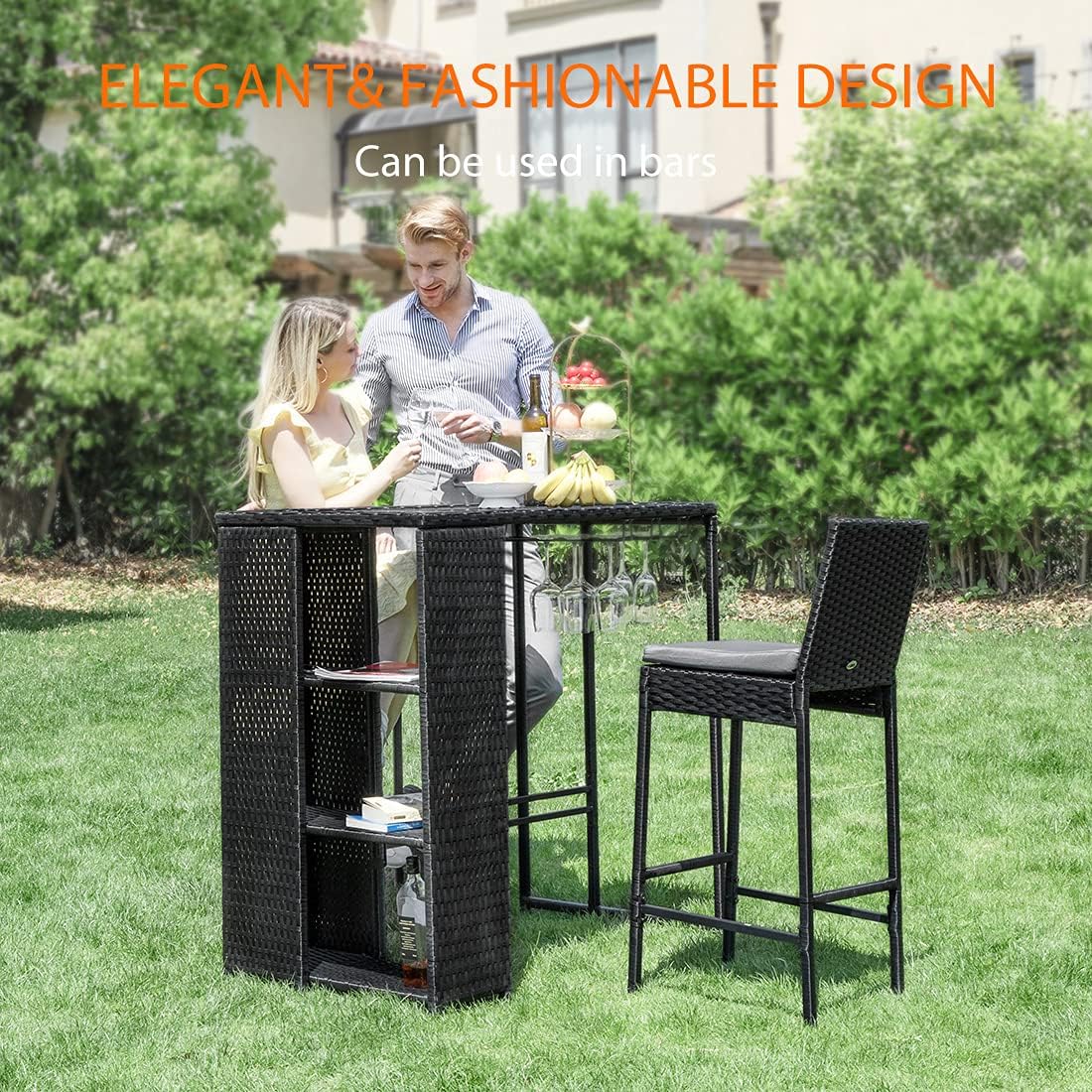 VIVOHOME 2 Packs Outdoor Wicker Barstool Patio Rattan Furniture with Cushions Black: Kitchen & Dining
