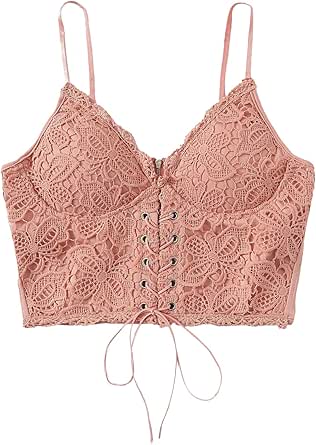 Amazon.com: SheIn Women's Sexy Strappy Lace Up Front Lace Bralette Zipper Cami Crop Top Small 