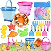 Dreamon Beach Toys for Kids 3-10, Collapsible Sand Castle Toys for Beach Include 3 Pack Foldable Buckets, Shovels Molds and Storage Mesh Bag, Sandbox Travel Toy for Toddlers Kids