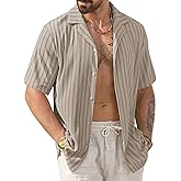 Herberton Mens Summer Striped Shirts Casual Cuban Shirt Texture Button Down Shirts for Beach Vacation (S-XXL)