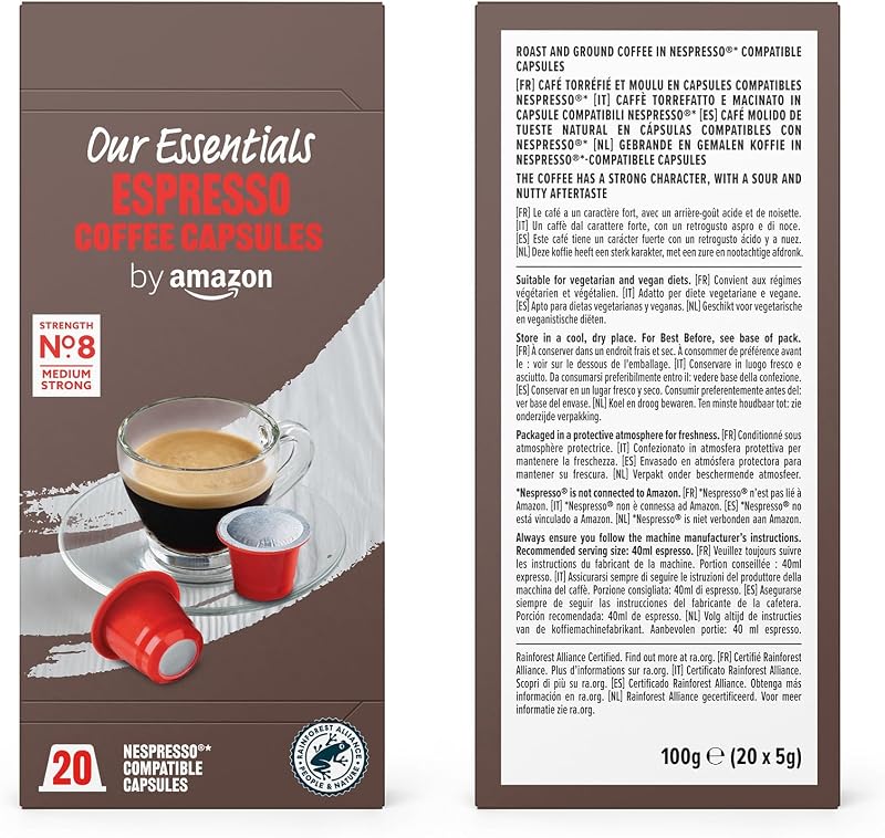 Nosso pacote de sortimento de cápsulas de café padrão compatíveis com nespresso essentials by amazon, 80 cápsulas (4 pacotes de 20) - certificado pela rainforest alliance