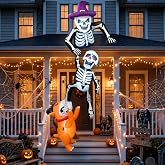 8FT Halloween Inflatables Outdoor Decorations Skeleton Halloween Blow Ups | Giant Halloween Yard Decorations Built-in LED Lights, Blow Up Skeleton Inflatable Dog for Roof, Porch, Lawn, Garden Decor