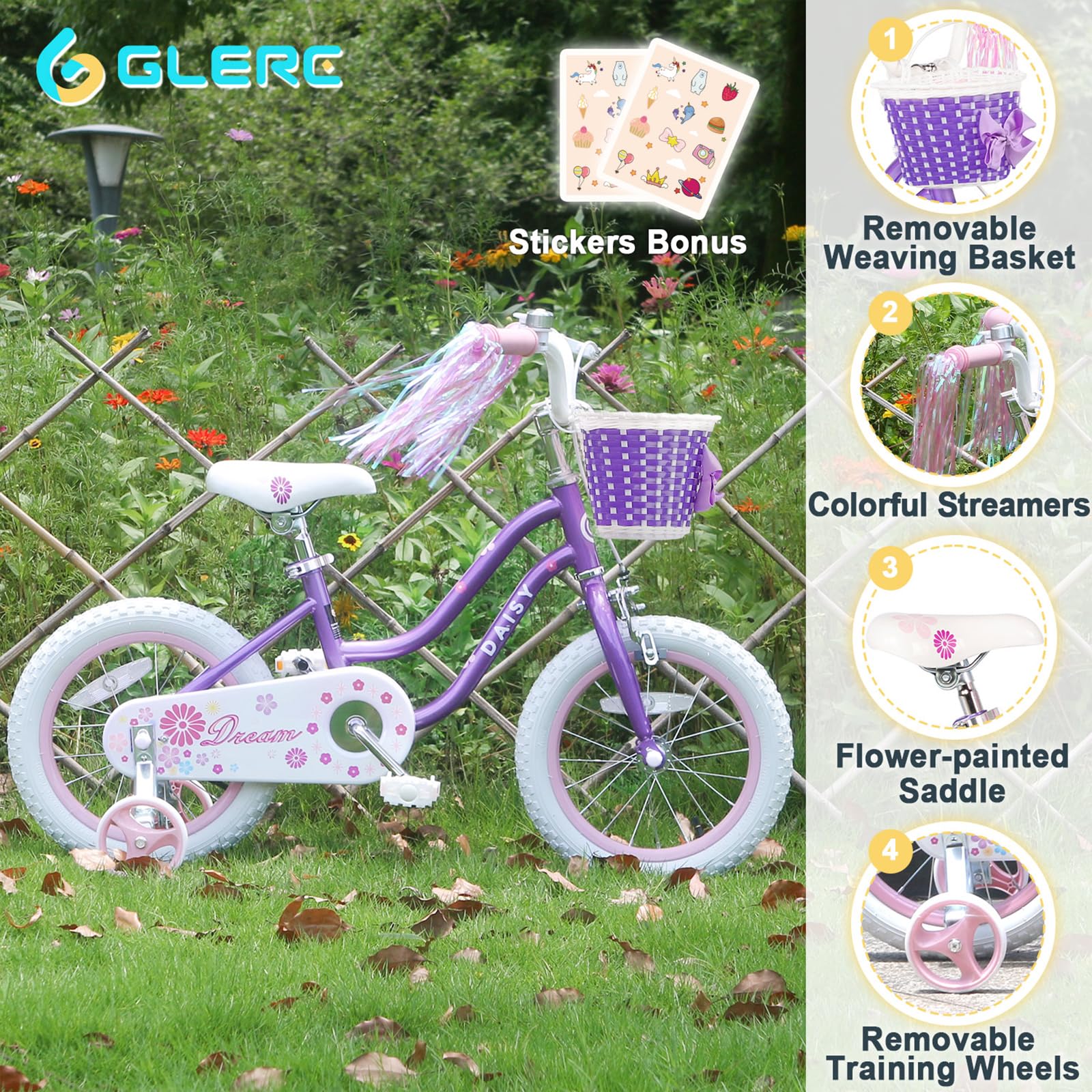 Daisy Girls Bike, 12 14 16 Inch Kids Bike for Ages 2-7 Years Old Children, Princess Style Kids Bicycle with Training Wheels & Basket & Streamers, Multiple Colors