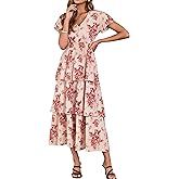 Simplee Women Floral Summer Maxi Dress Boho Flowy Ruffle Tiered Short Sleeves V Neck Long Wedding Guest Dresses