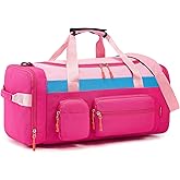 WOOMADA Kids Duffle Bag for Boys or Girls,Weekender Overnight Bag with Shoe Compartment & Wet Pocket Perfect For School, Sports, Overnight Trips(Hot Pink)