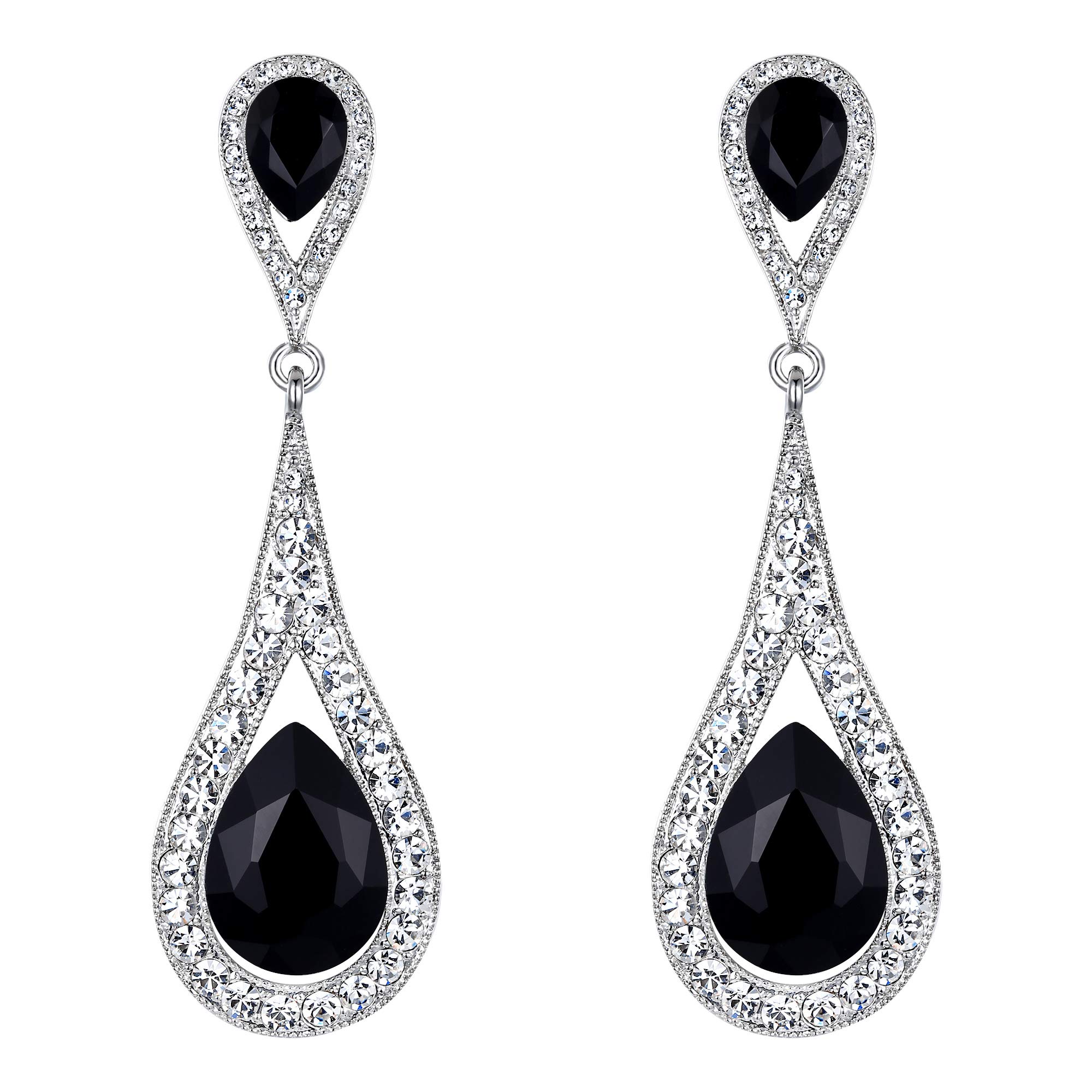 EVER FAITH Black Crystal Teardrop Dangle Earrings for Women Girls, Sparkly Rhinestone Vintgae Statement Drop Pierced Earring Wedding Prom Birthday Party Jewellery for Brides Bridal Silver-Tone