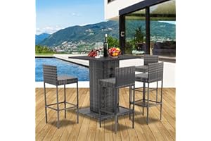 Affmitime 5-Piece Outdoor Wicker Bar Set with Built-in Bottle Opener, Hidden Storage Shelf & 4 High Stools with Backrest for Patios, Backyards, Porches, Gardens, Poolside etc.