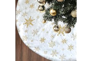 Artmag Christmas Tree Skirt, 48 inches Large Gold Snowflake White Faux Fur Thick Plush Xmas Tree Skirt Ornaments for Holiday 