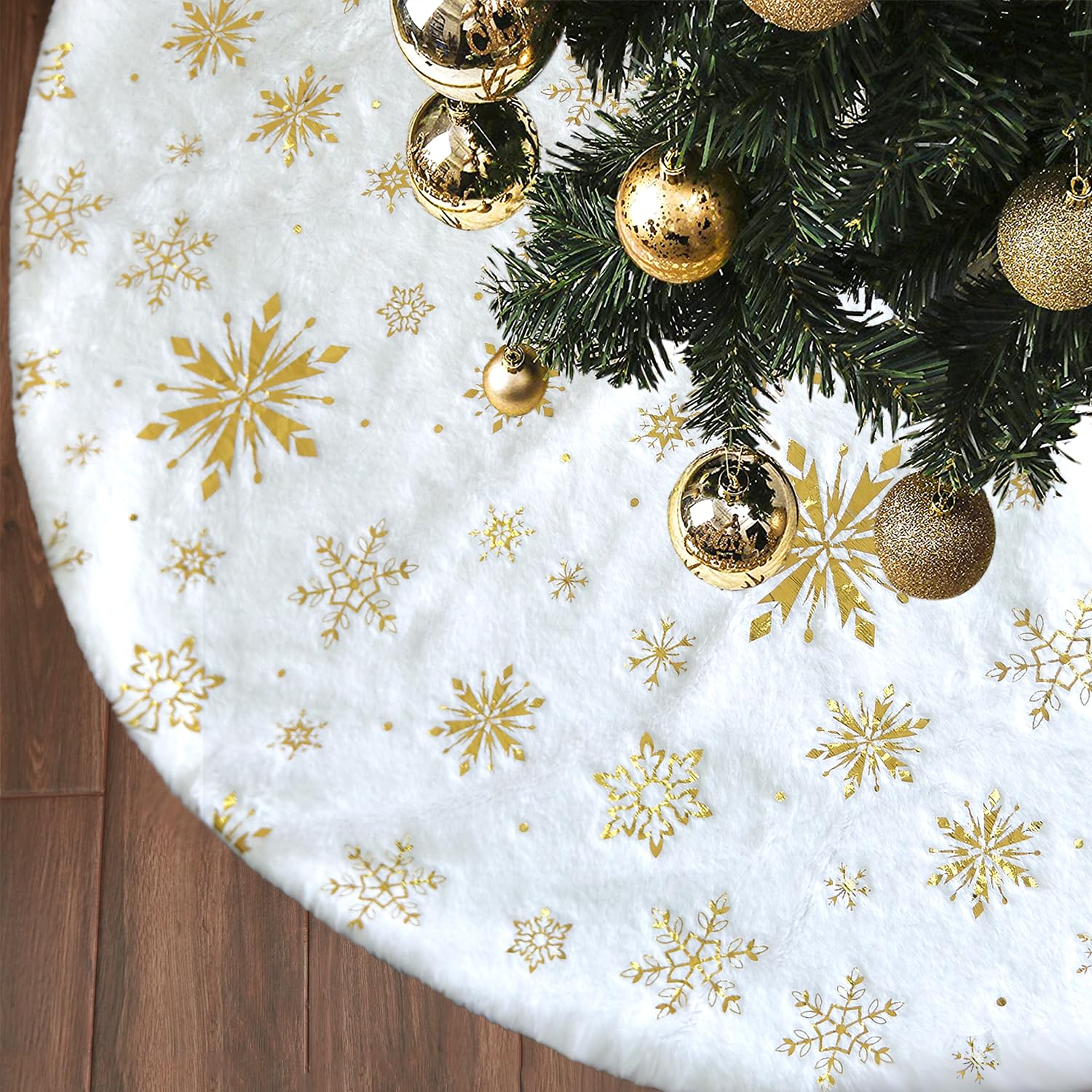 Miaikoe Christmas Tree Skirt, 36 inches Large Gold Snowflake White Faux Fur Thick Plush Xmas Tree Skirt Ornaments for Holiday Christmas New Year Decorations (90cm)