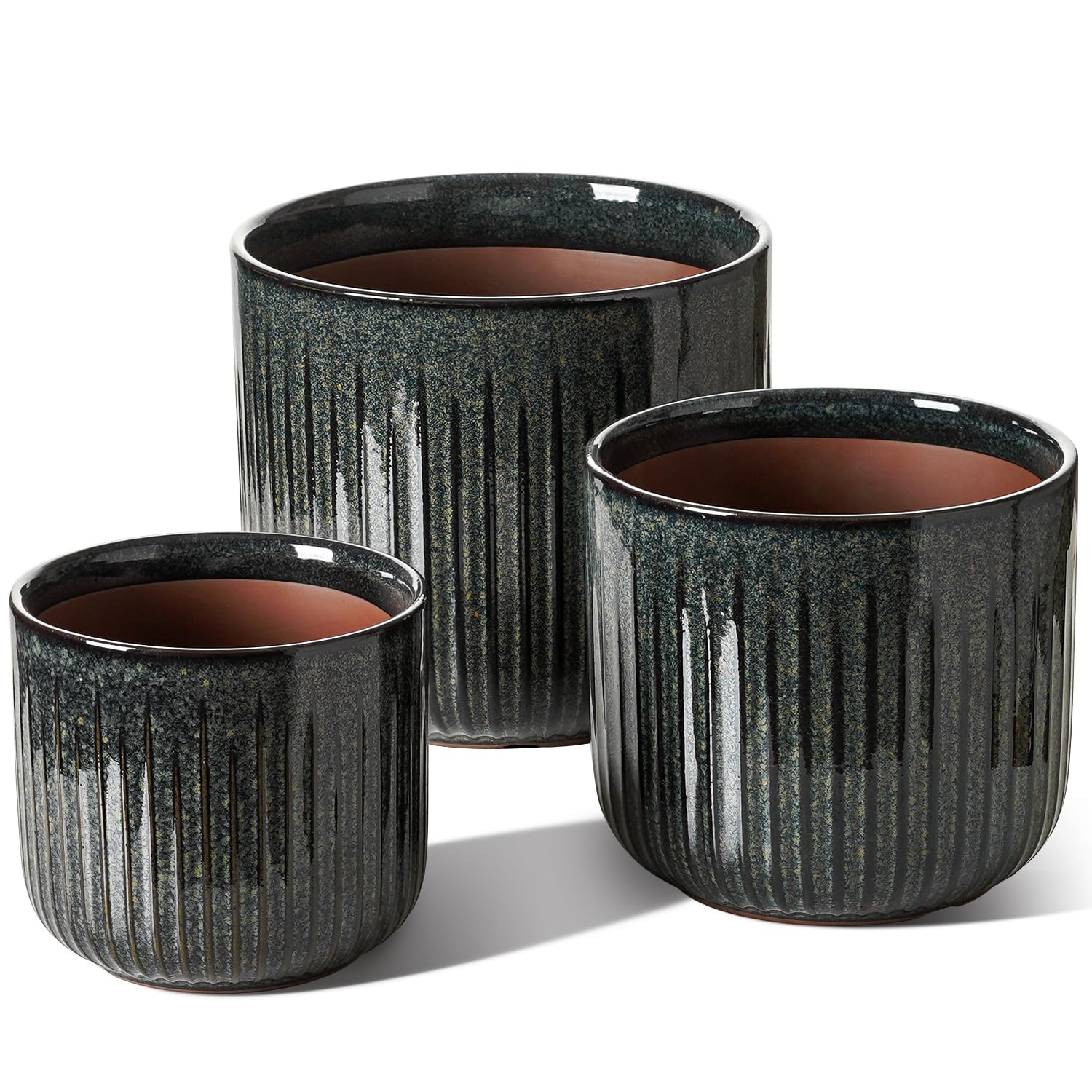 View 1 of ***MISSING ONE***
LE TAUCI Ceramic Pots for Plants, 8.3/7/6 Inch Indoor Planters with Drainage Holes & Mesh, Modern Glossy Glaze Cylinder Fluted Plant Pot for Snake Plant, Set of 3, Dark Olive