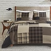 Woolrich Winter Hills Reversible Quilt Set - Cottage Styling Reversed to Solid Color, All Season Lightweight Coverlet, Cozy Bedding Layer, Matching Shams, Oversized Full/Queen, Plaid Tan 3 Piece