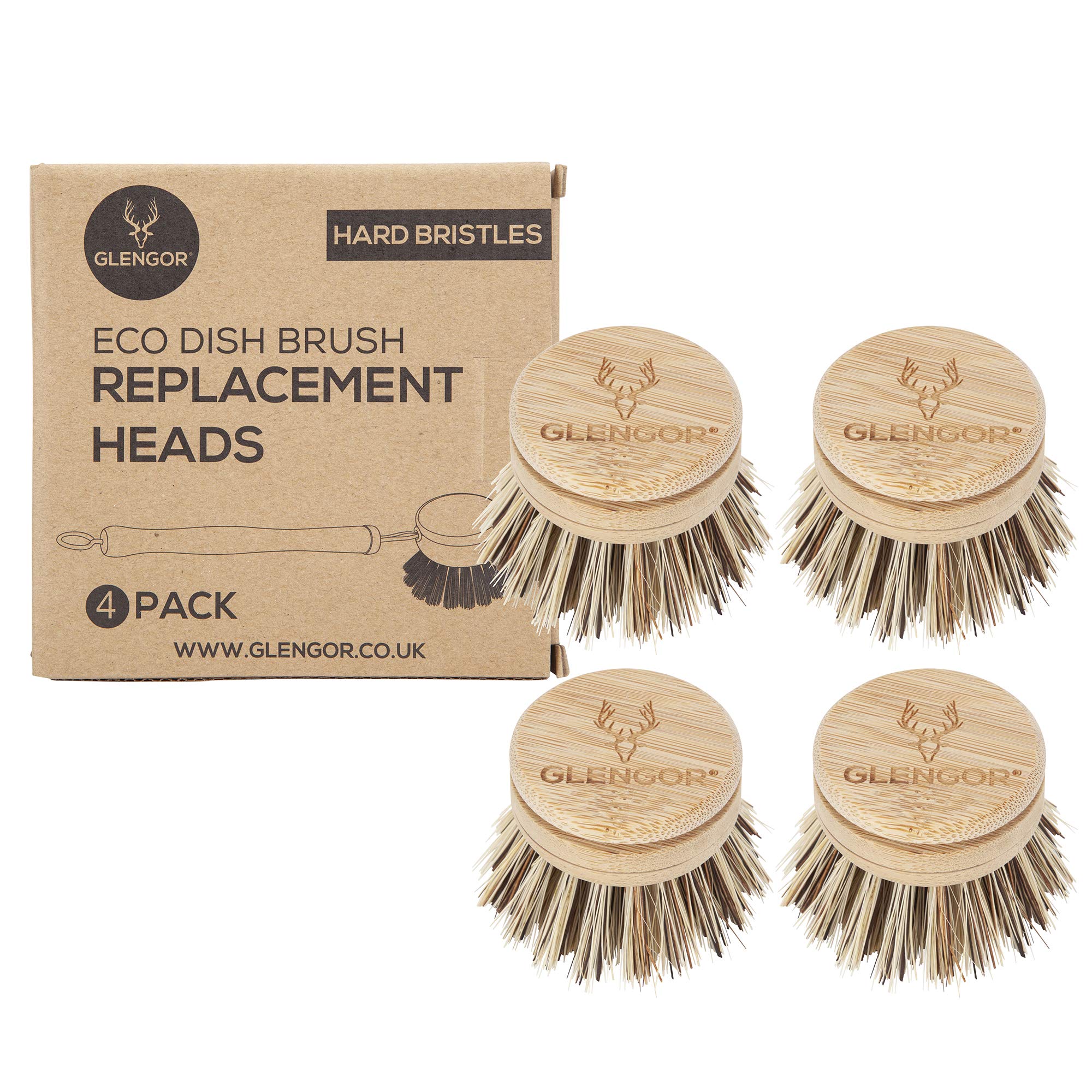 Glengor Eco Friendly Washing Up Brush Replacement Heads | Pack of 4 | Plastic Free | Zero Waste Scrubbing Brush Heads for Home | Vegan | (Hard Bristles)