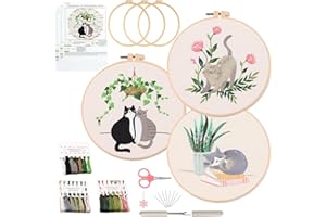 Ohcol 3 Sets Embroidery Kit for Beginners with 3 Hoops,Needlepoint Kits for Adults with Clear Instructions,Easy Stamped Cat Patterns Fabric Hand Crafts,Threads,Needle,Women DIY Sewing Hobby