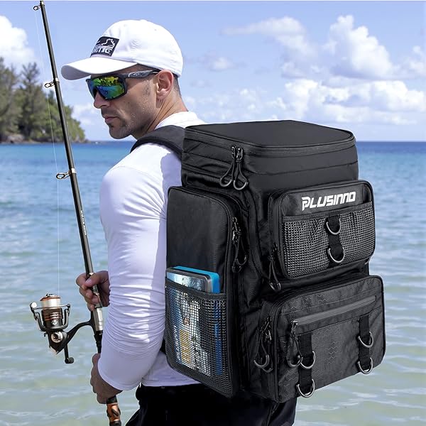 PLUSINNO FISHING BACKPACK WITH ROD HOLDERS,42L WATER-RESISTANT FISHING BAG STORE FISHING GEAR & TACKLE BOX, LARGE TACKLE BACKPACK, FISHING GIFTS FOR MEN.
