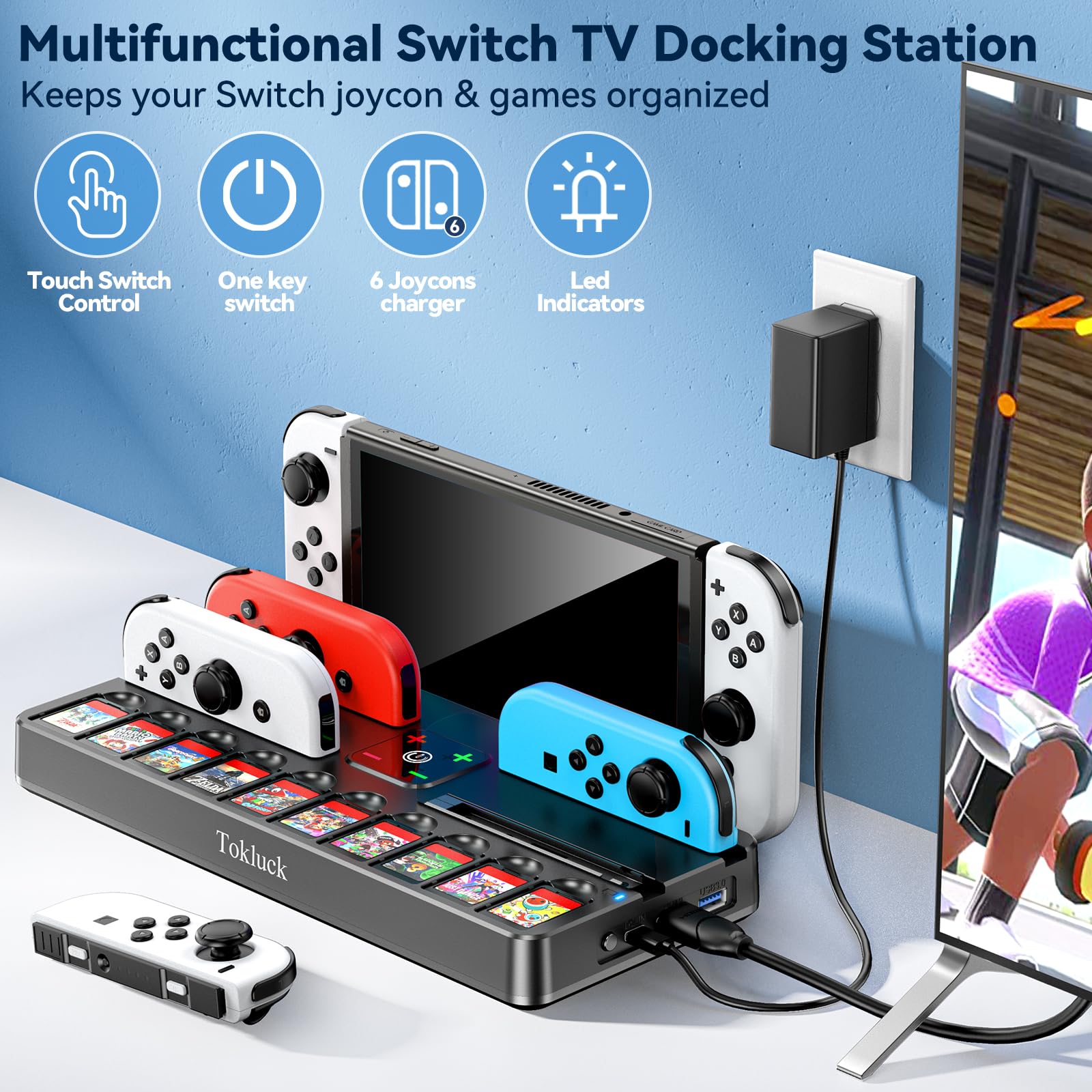Switch TV Docking Station mit Joycon Ladestation, Switch OLED TV Dock Station für 4K HDMI TV Netzteil, Ersatz Switch Dock mit Schnittstelle & 10 Spiele Aufbewahrung (Nicht für Switch 2) 7