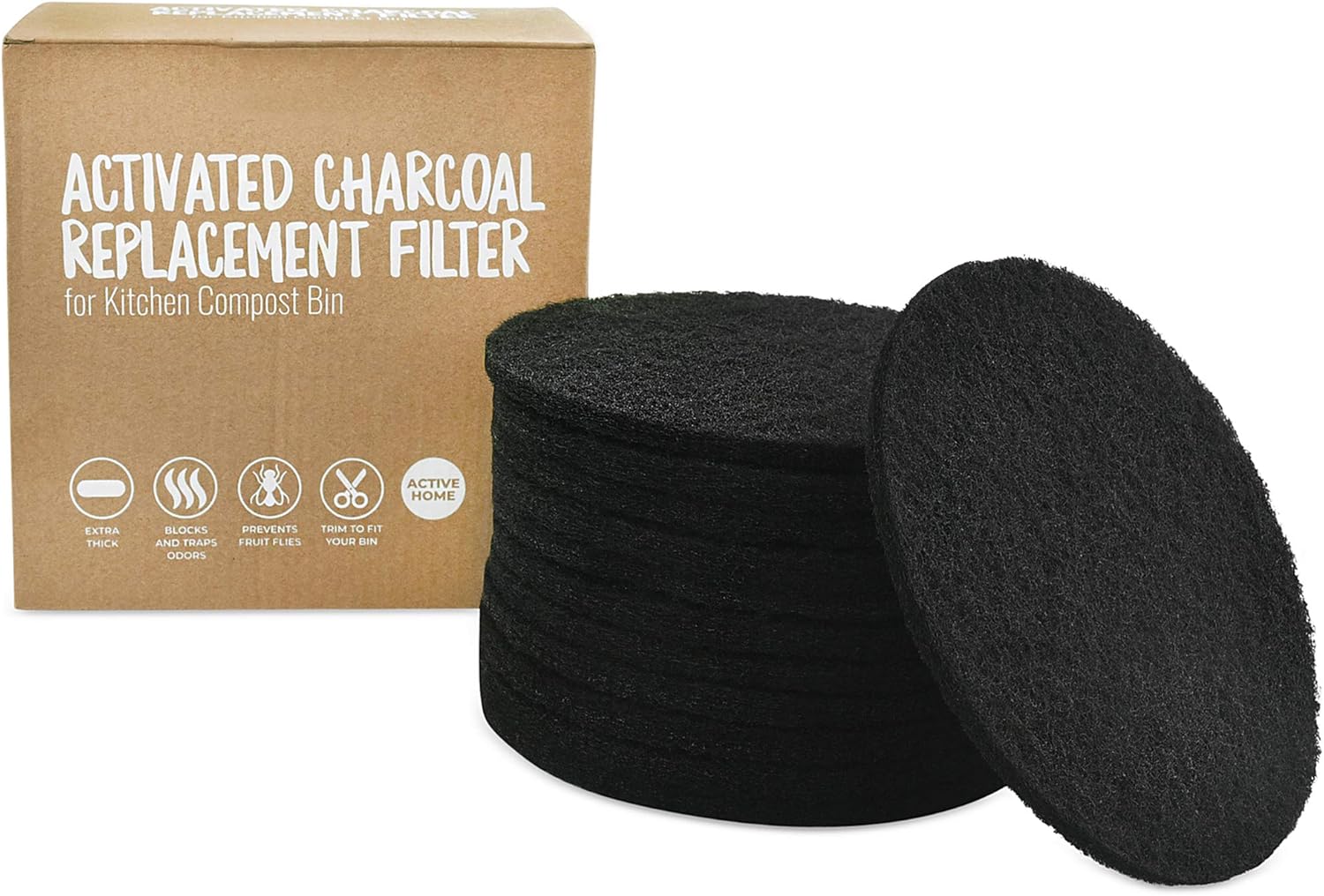 12 Pack Activated Charcoal Replacement Filters for Kitchen Compost Bin 6.5" Diameter 3/8" Thick. Trimmable to Fit: Kitchen & Dining
