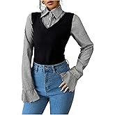 MakeMeChic Women's Striped Bell Sleeve Blouse Collared 2 in 1 Business Dressy Shirt Tops