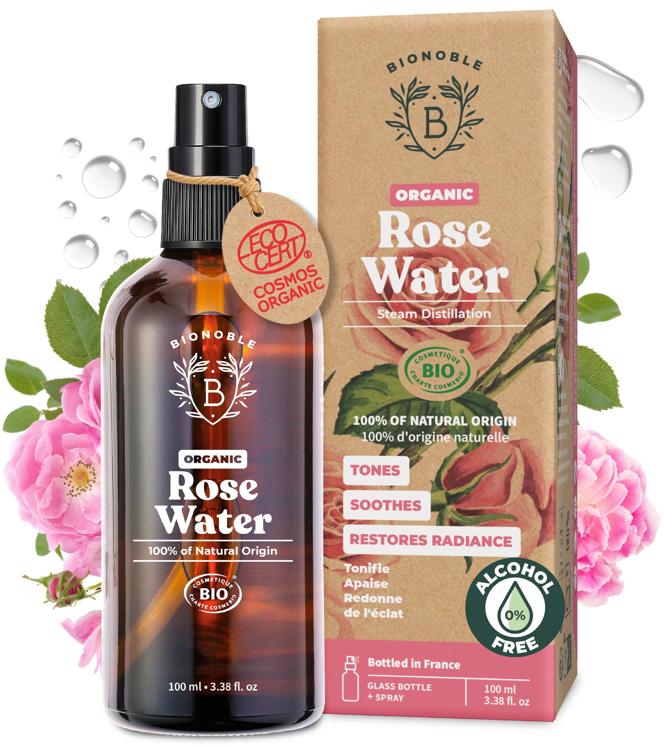 BIONOBLE Organic Rose Water Spray - Tonifies, Calms, Boosts Radiance - 100% Natural Hydrolat, Alcohol-Free - Vegan Rose Water for Face, Hair, Eye Contour, Body - Glass Bottle - 100ml