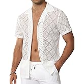 Csqopt Mens Floral Lace Shirt Hollow Out Sheer See Through Short Sleeve Casual Button Down Beach Shirts