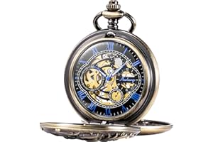 TREEWETO Mens Mechanical Pocket Watch Dream Dragon Skeleton Half Hunter Double Open Silver/Bronze/Black Case for Man