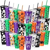 Chuangdi 30 Pack Halloween Plastic Tumbler with Lids and Straws Reusable Plastic Cups Spooky Cups Bulk for Kids Adults Halloween Party Birthday Supplies (24 oz,Ghost)