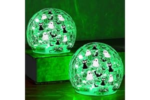 Yinhua 2 PCS Halloween Decorations Indoor 4" Ghost Decor Black Cat Bat Globe Light with Timer Crackle Glass Ball Green Light for Table Centerpieces Lighted Decorative Ball Led Globe Lamp Gift