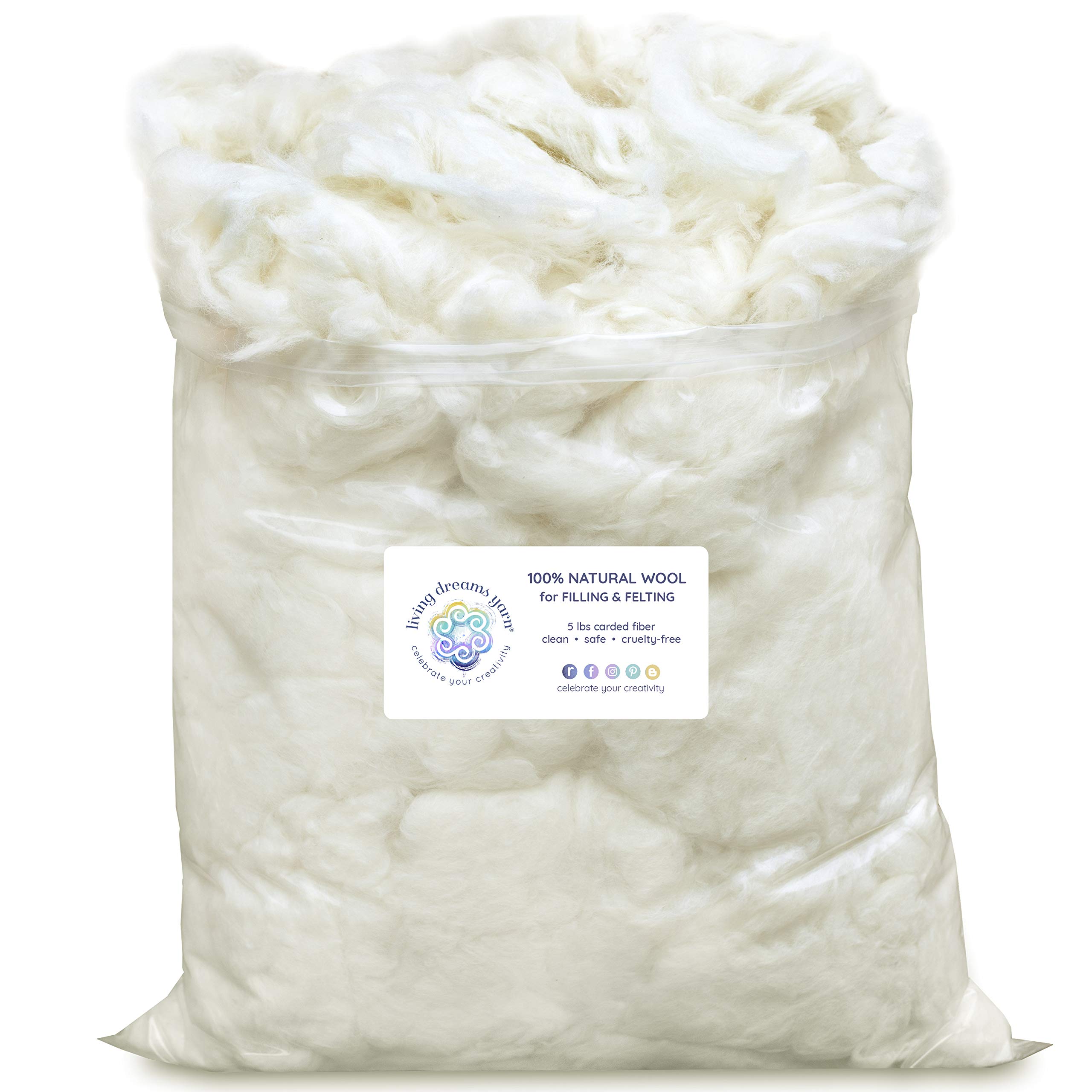 Core Wool for Needle Felting, Crochet Toys, Amigurumi Stuffing. Super Clean Wool Filler for Pillows, Stuffed Animals, Dryer Balls. 5LB, Natural White