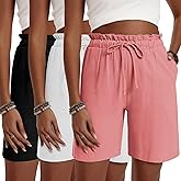Neer 3 Pack Women's Linen Bermuda Shorts Summer Wide Leg Casual High Waist Drawstring Mid Length Shorts with Pockets