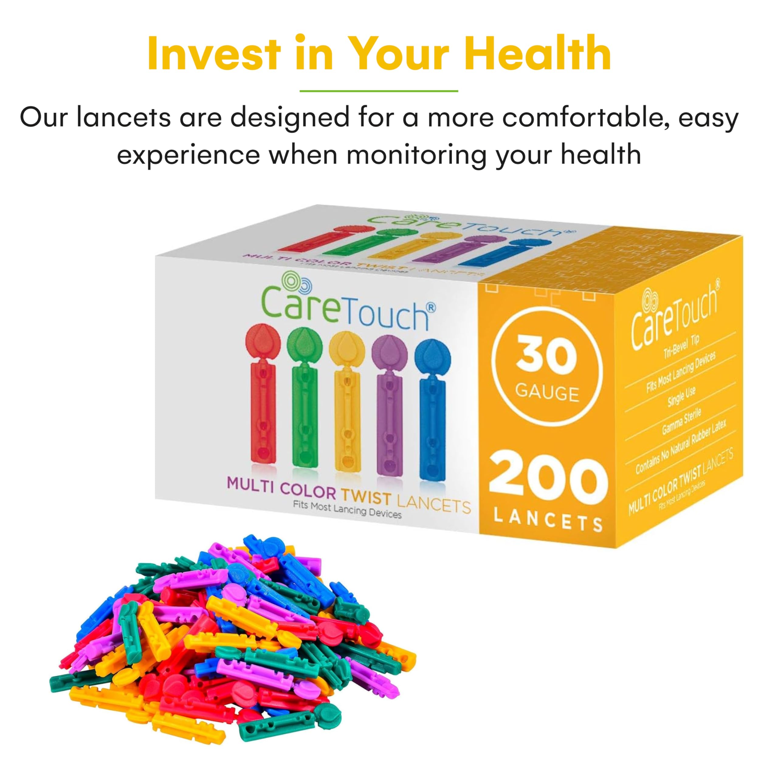 Lancets for Diabetes Testing - 30 Gauge Diabetic Lancets for Blood Testing and Glucose Testing - Fits Most Lancing Devices - Sterile, Single Use 30g Blood Sugar Lancets - Multicolored - 200 Count