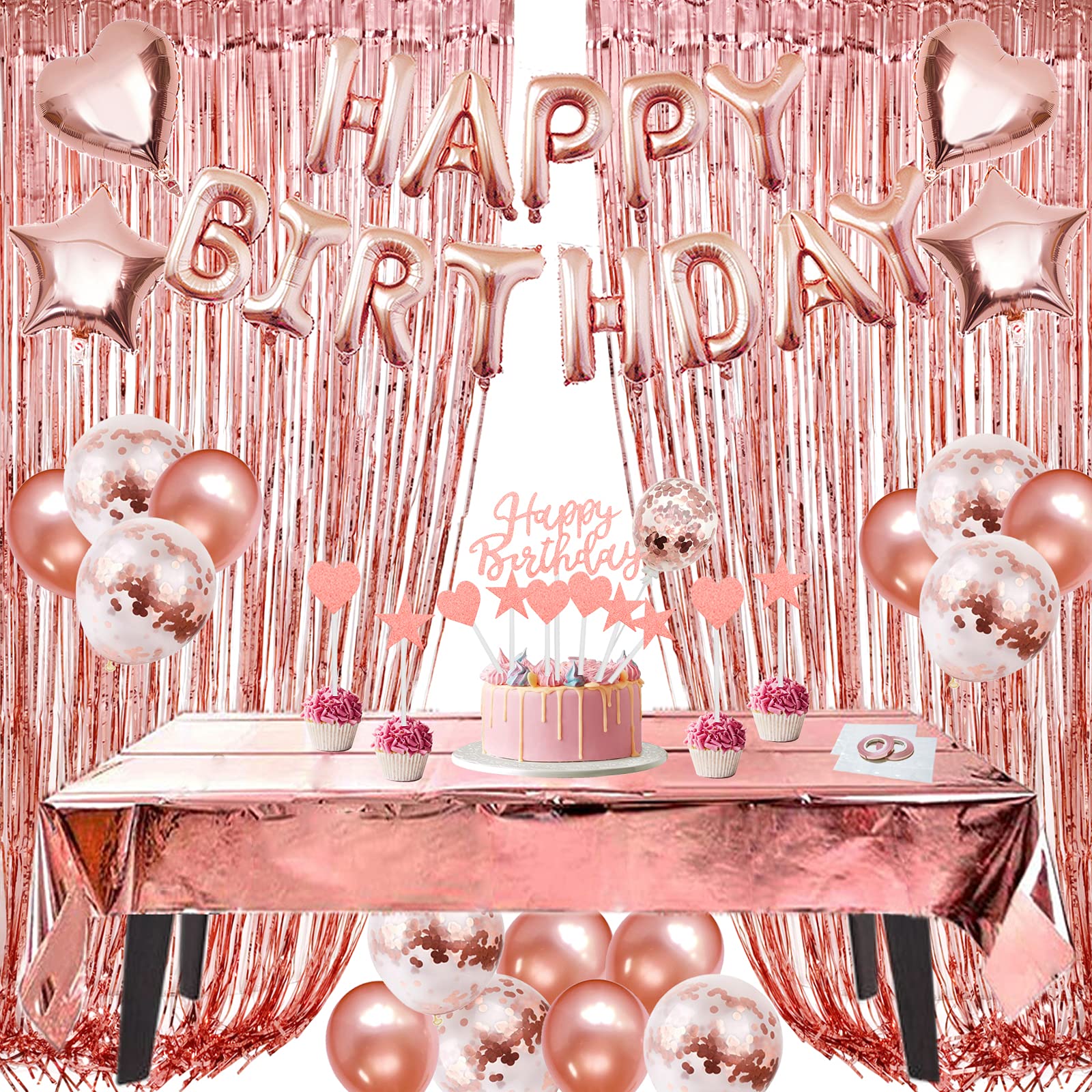 ZERODECO Birthday Decorations Rose Gold, Foil Happy Birthday Balloon Banner Tablecloth Fringe Shiny Curtains Cake Flag Star and Heart Balloons Confetti Latex Balloons for Girls Women Birthday Party