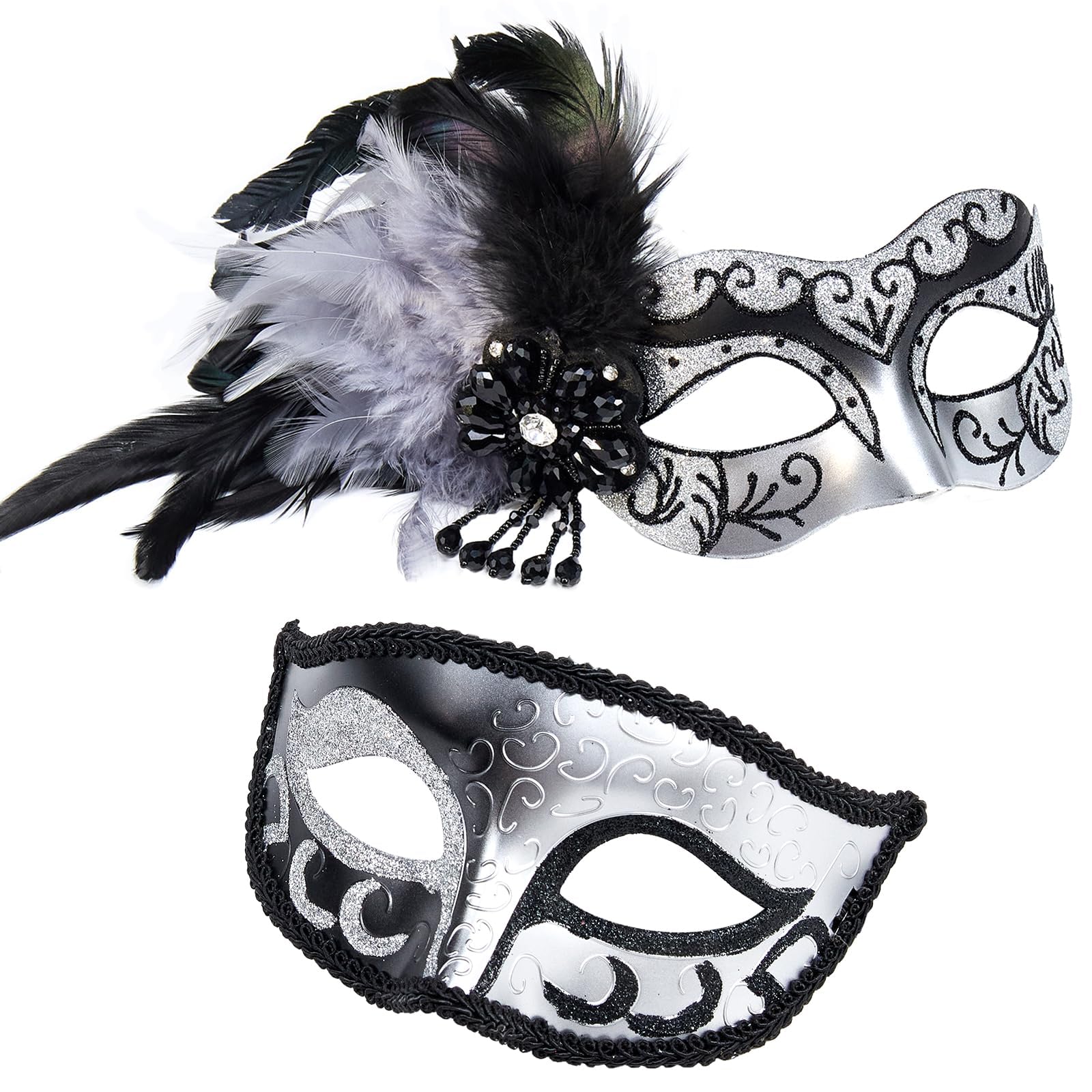 MYSEUNI 2025 New Masquerade Mask with Feather for Couples - Women's Masquerade Mask with Feather & Men Venetian Costume Mask, Black Silver, One size fits most