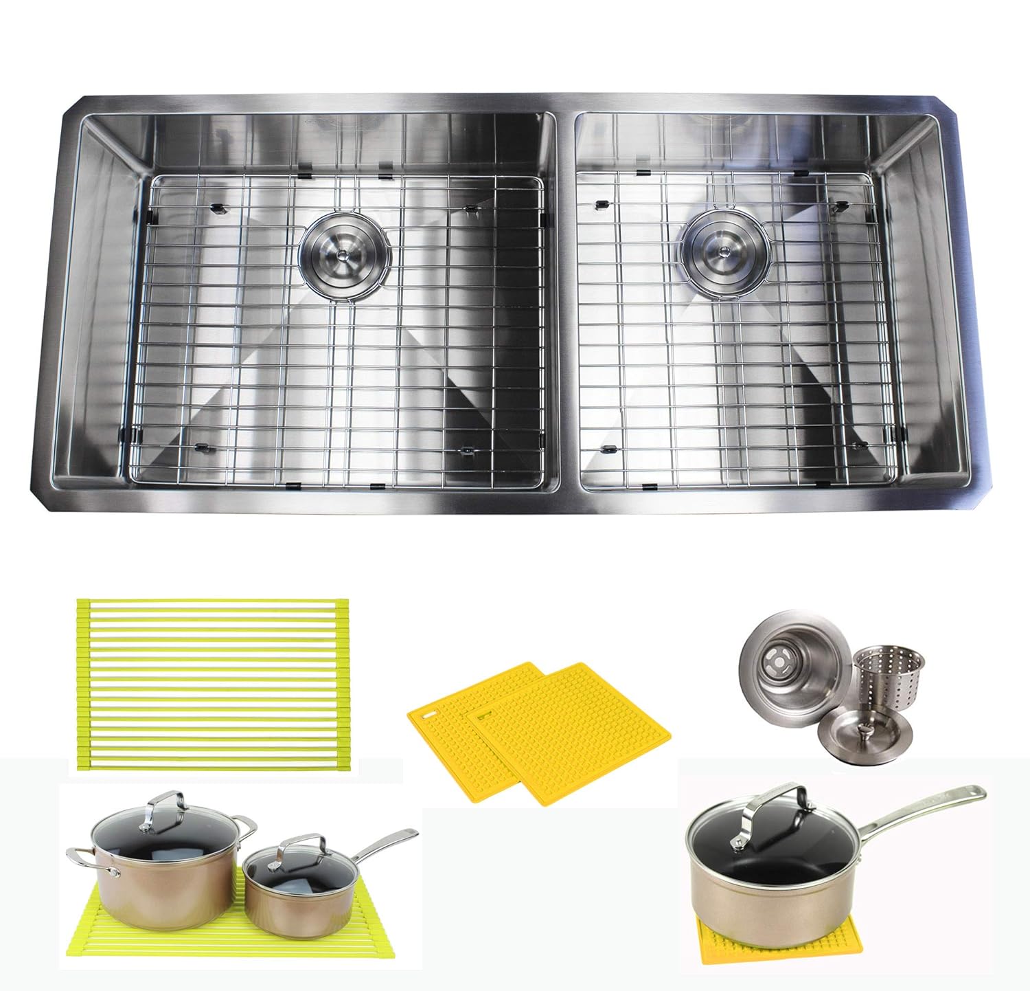 Premium 42 Inch Stainless Steel Super Sized Kitchen Sink Package - 16 Gauge Undermount Double Bowl Basin - Complete Sink Pack + Bonus Kitchen Accessories - Ideal For Home Kitchen Renovation