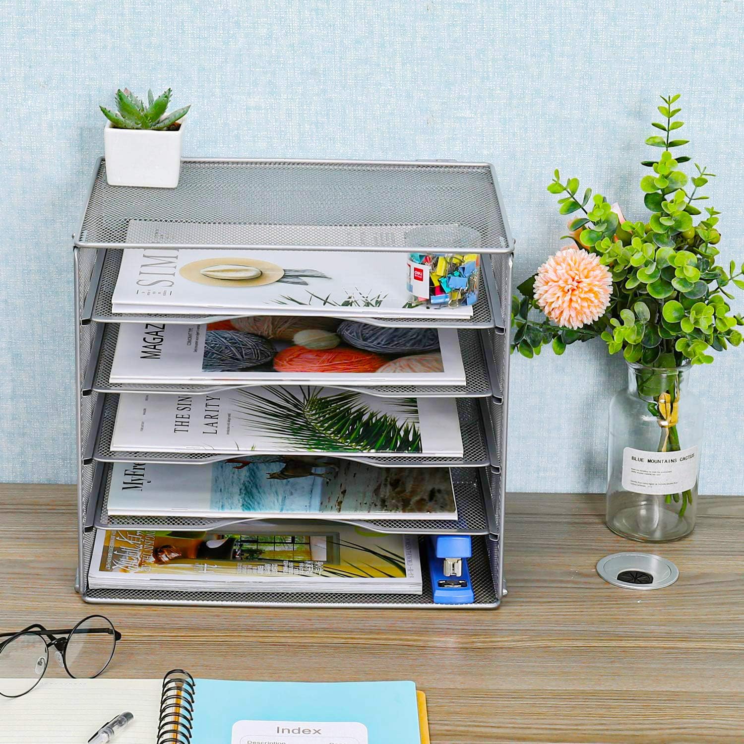 EasyPAG 5 Tier Metal Mesh A4 Desk Tray,File Holder,Paper Organiser,Magazine Storage,Filing Rack for Office & Home Desktop Tidy,Silver - Image 5