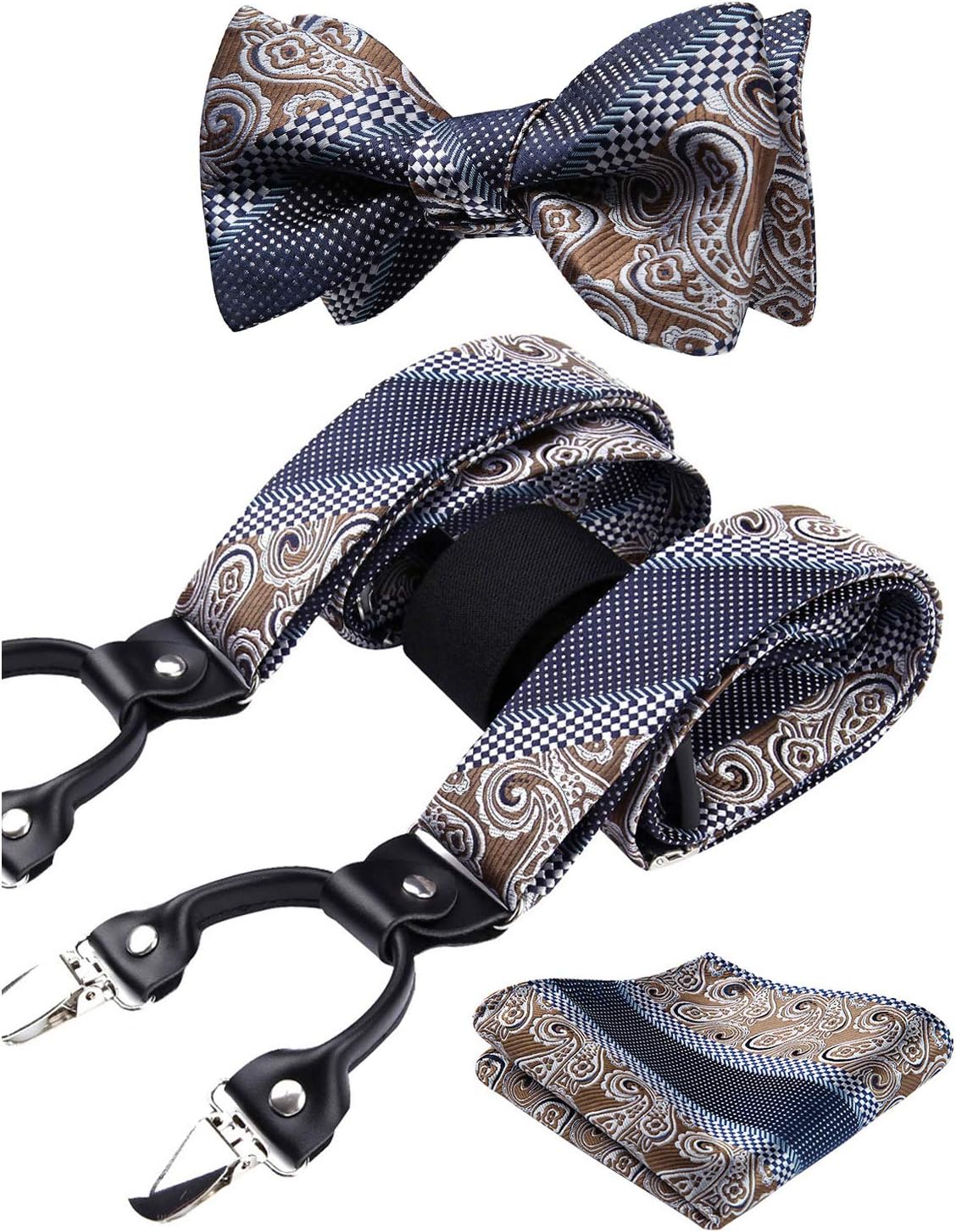 HISDERN Paisley Floral 6 Clips Suspenders & Bow Tie and Pocket Square