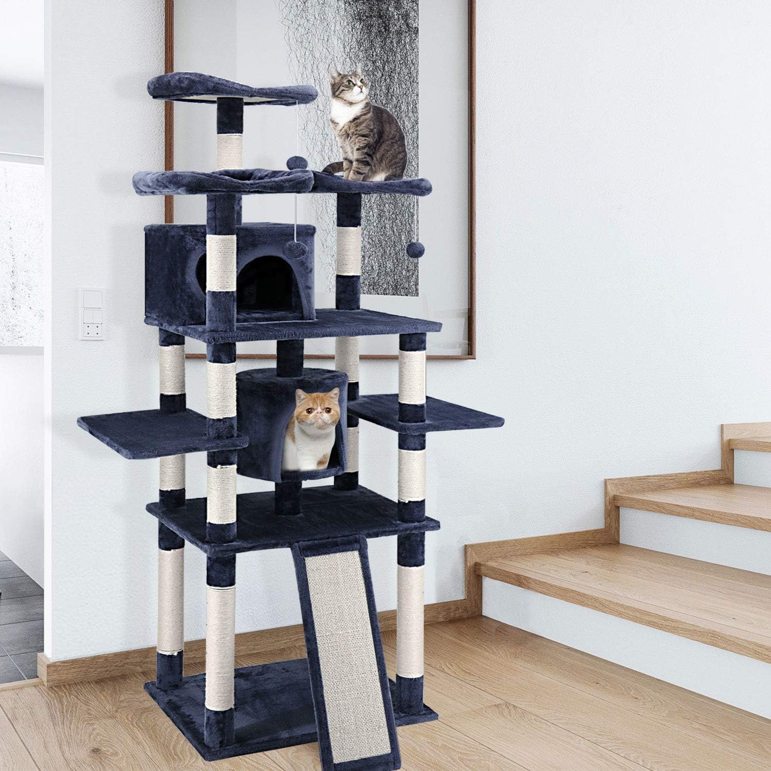 ScratchMe 67 inch Cat Tree Tower with Hammock & Scratching Post, Navy Blue : Pet Supplies