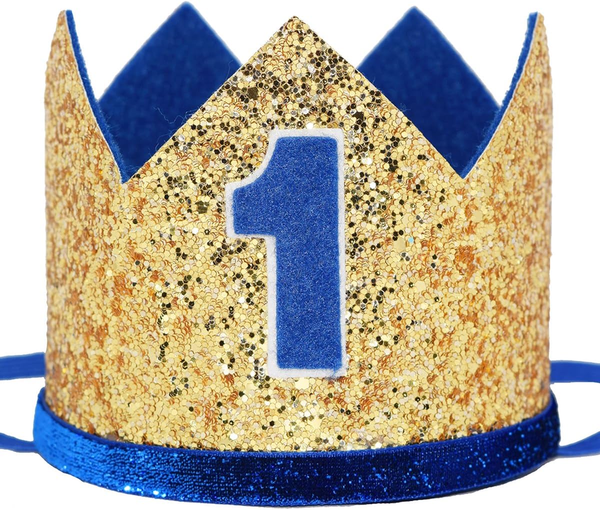 Celebris Glitter Baby Boy First Birthday Crown Hat & Headband for Little Prince Princess Cake Smash Photo Prop (Large Gold & Royal 1)