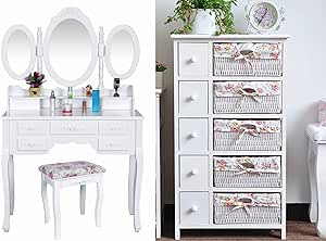 Juego de tocador, espejo y banco - Tocador cosmético con cestos de