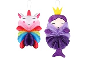 Nuenen 2 Pcs Bath Loofahs Kids Toddler Cute Cartoon Bath Sponges Loofah Pouf Body Scrubber Mesh Sponges for Children Shower Washing Exfoliating(Unicorn, Princess)