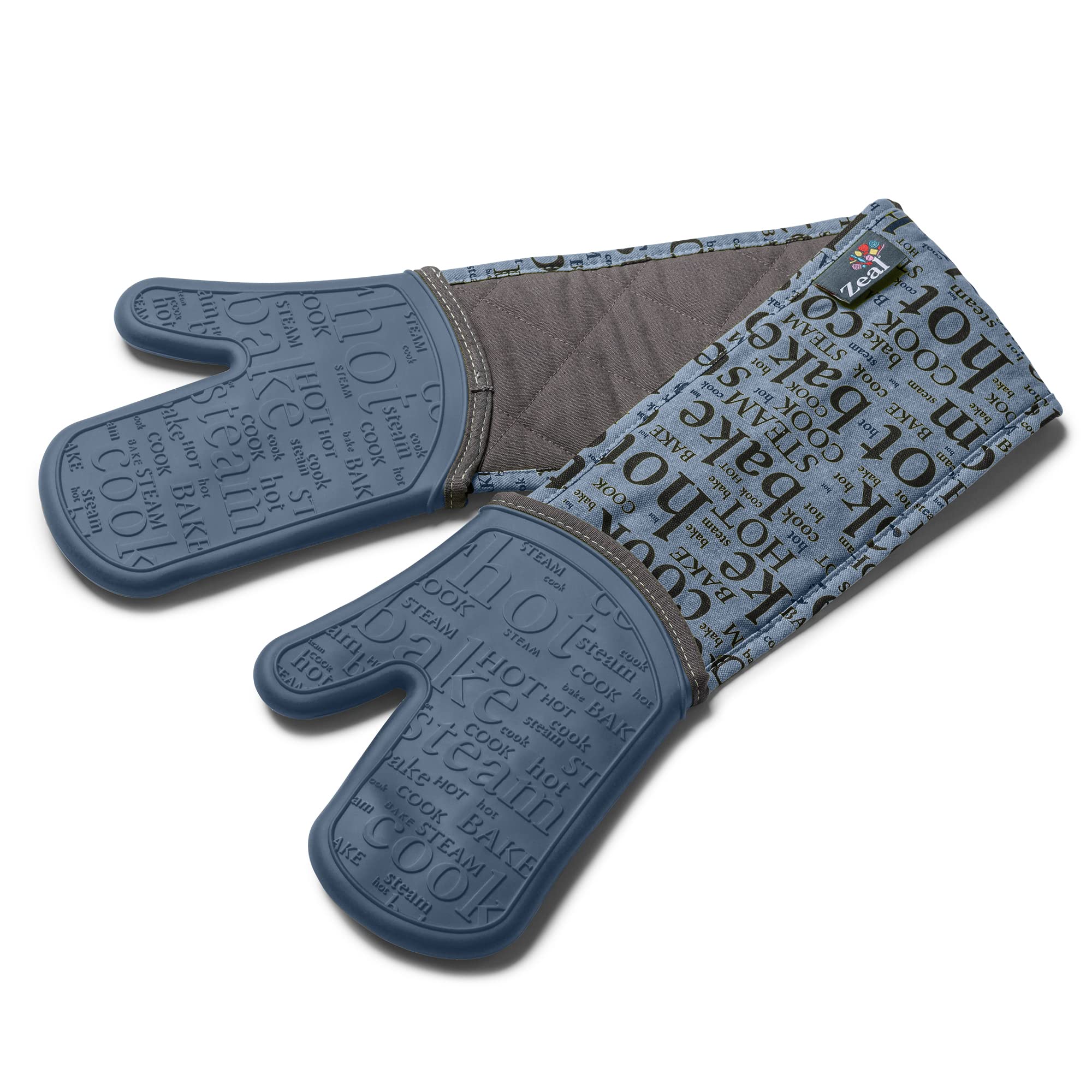 Zeal Silicone Double Oven Gloves, Heat, Steam and Water-Resistant Mitts with Quilted Fabric Inner, Non-Slip Grip. Perfect for Cooking and Baking. Machine Washable, Provence Blue